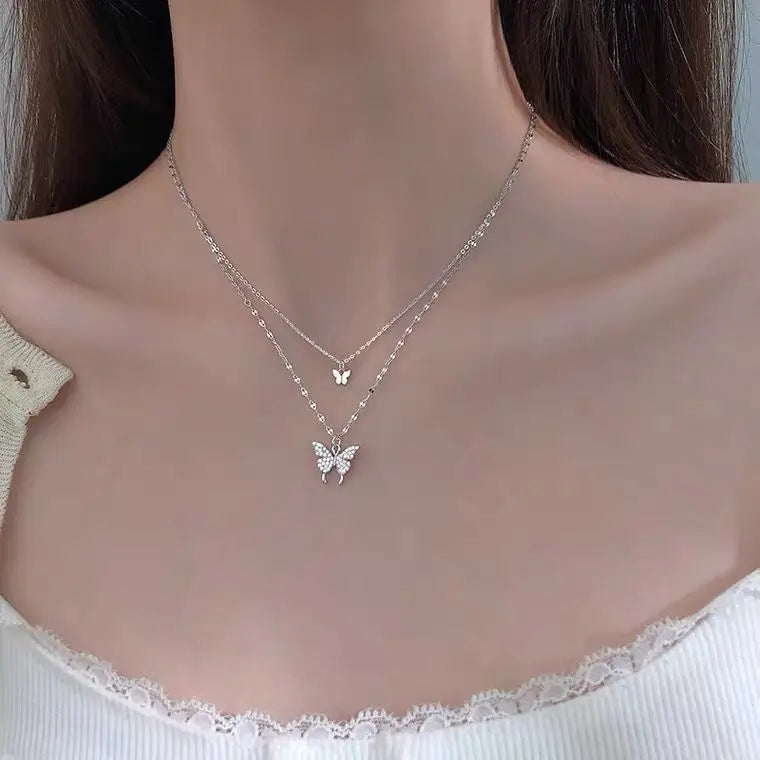 New Double-Layer Butterfly 925 Sterling Silver Necklace